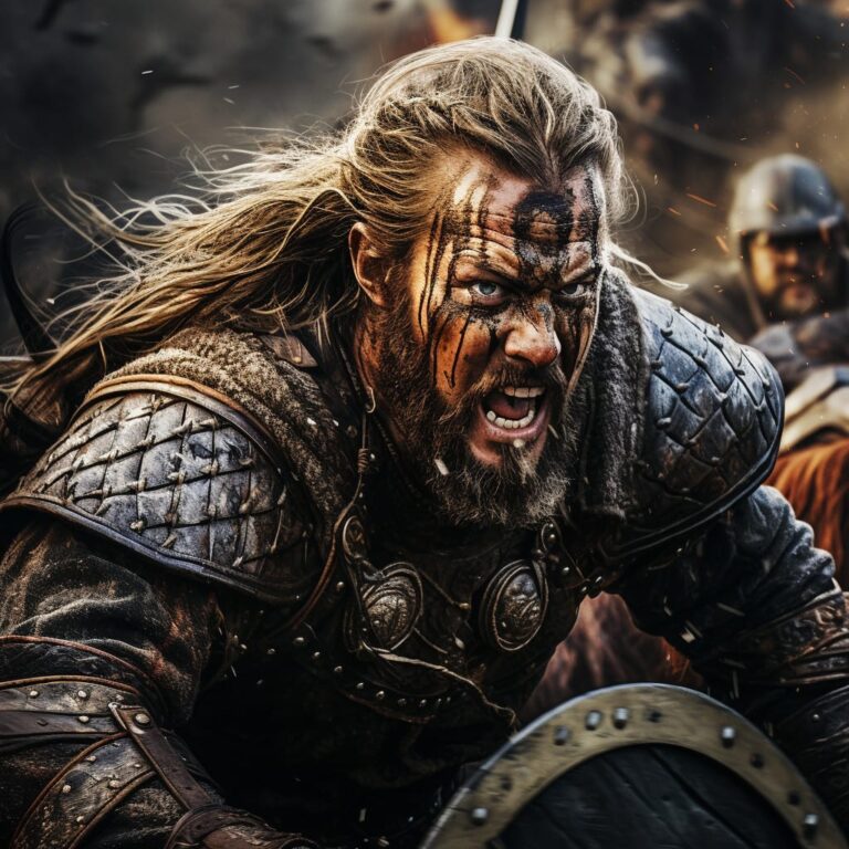 Illustration réaliste d'un guerrier viking avec une hache, évoquant la puissance de l'ère viking.