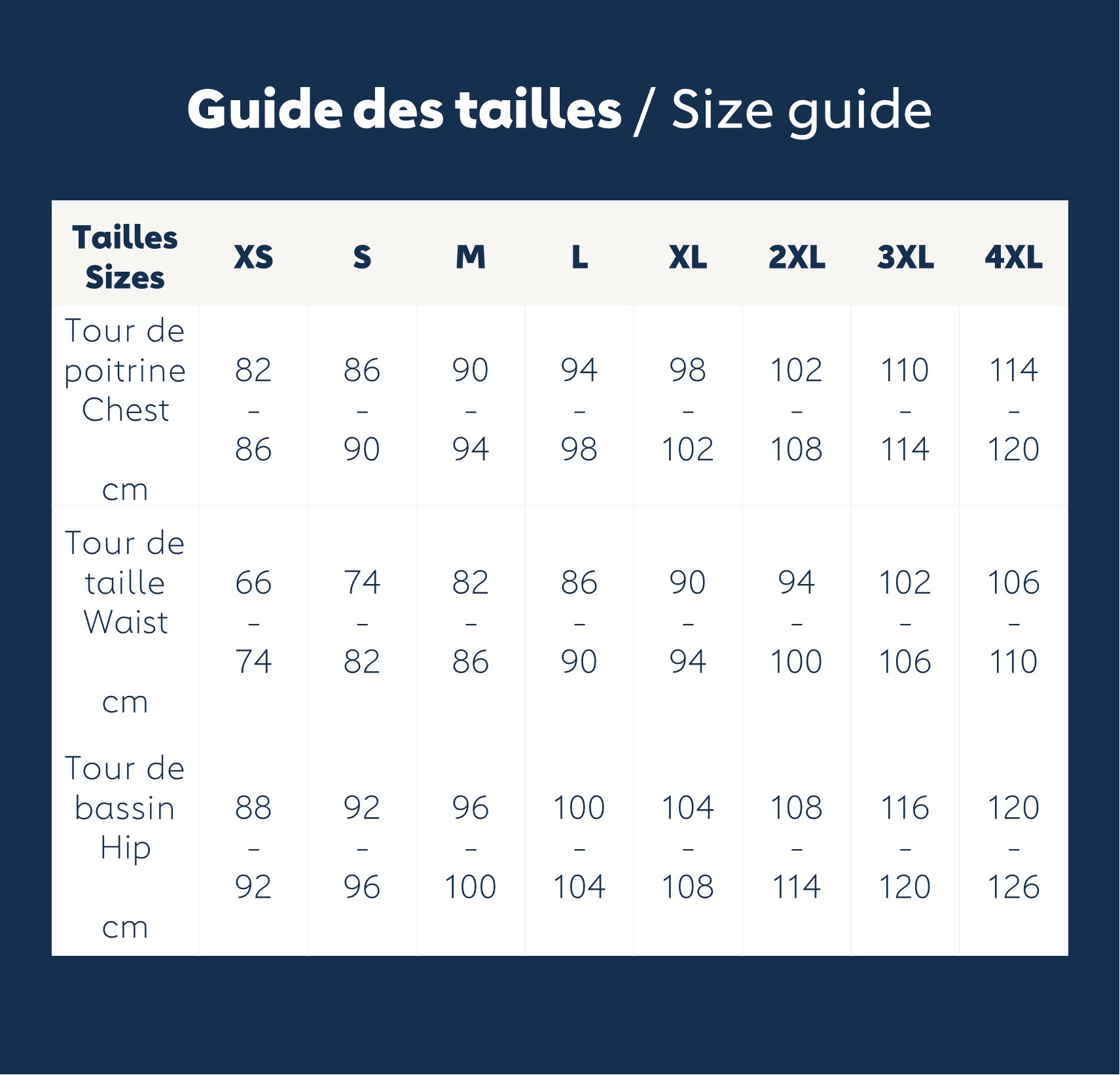 Tableau des tailles femme