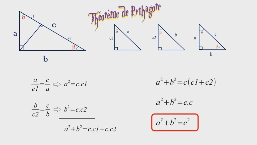 Illustration du théorème de Pythagore avec un triangle rectangle et ses calculs