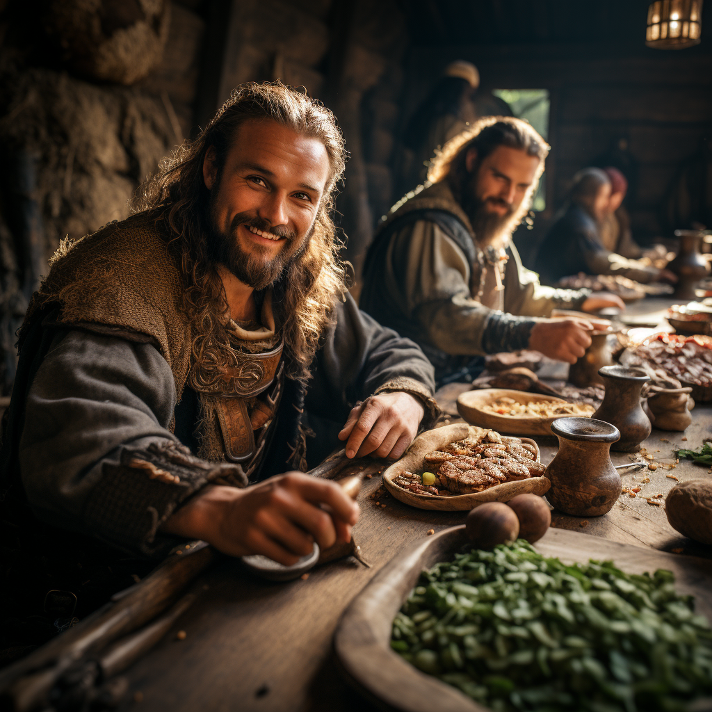 Scène réaliste de Vikings festoyant autour d'une grande table en bois