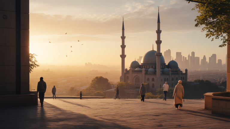 Scène réaliste d’un lever de soleil sur une ville paisible en 2026 avec une mosquée au premier plan, des couleurs naturelles et une ambiance spirituelle et apaisante.