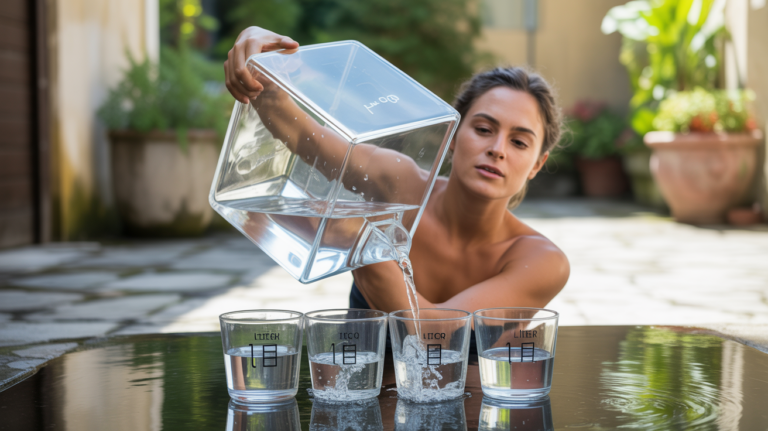 Personne versant de l’eau claire depuis un grand récipient cubique transparent, représentant un mètre cube, dans plusieurs contenants marqués en litres dans un jardin ensoleillé.